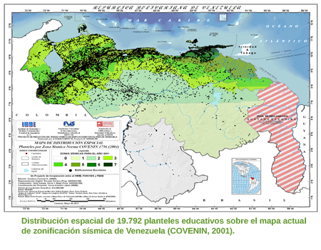 Distribución espacial de una muestra de 19792 planteles educativos sobre el mapa actual de zonificación sísmica de Venezuela (COVENIN, 2001)