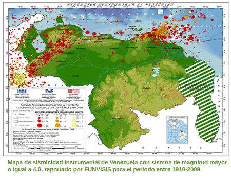 Mapa de sismicidad instrumental de Venezuela con sismos de magnitud >= 4.0, reportado por FUNVISIS para el periodo entre 1910-2009