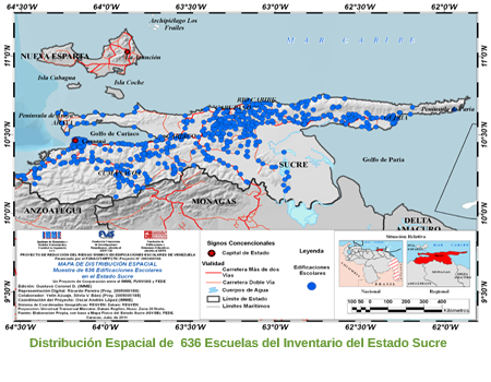 Distribución Espacial de 636 escuelas del inventario del Estado Sucre