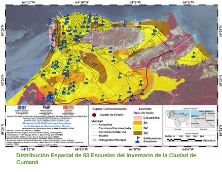 Distribución Espacial de 83 escuelas del inventario de la ciudad de Cumaná