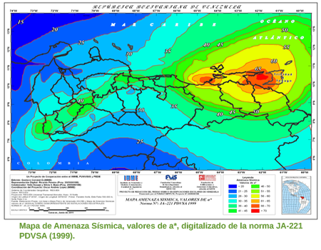 Mapa de amenaza sísmica, valores a*, digitalizado de la norma JA-221 PDVSA (1999)