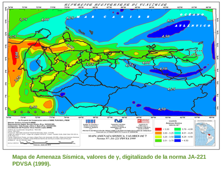 Mapa de amenaza sísmica, valores y, digitalizado de la norma JA-221 PDVSA (1999)