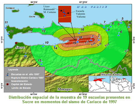 Distribución espacial de la muestra de 19 escuelas presentes en Sucre en momentos del sismo de Cariaco de 1997