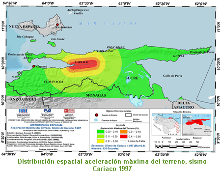 Distribución espacial aceleración máxima del terreno, sismo Cariaco 1997