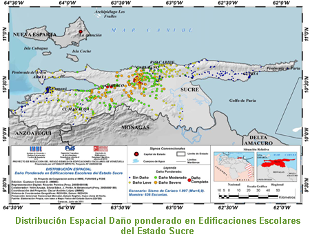 Distribución Espacial Daño ponderado en Edificaciones Escolares del Estado Sucre