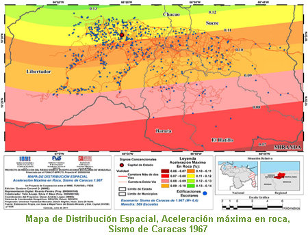 Mapa de Distribución Espacial, Aceleración máxima en roca, Sismo de Caracas 1967