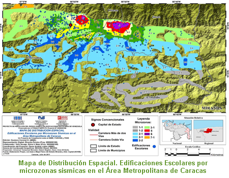 Mapa de Distribución Espacial. Edificaciones Escolares por microzonas sismicas en el área Metropolitana de Caracas